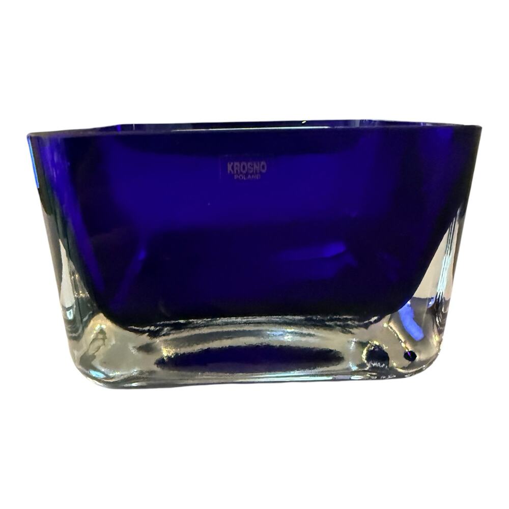 Krosno Poland Cobalt Blue Heavy Glass Square Bowl 5.25" Thick Base